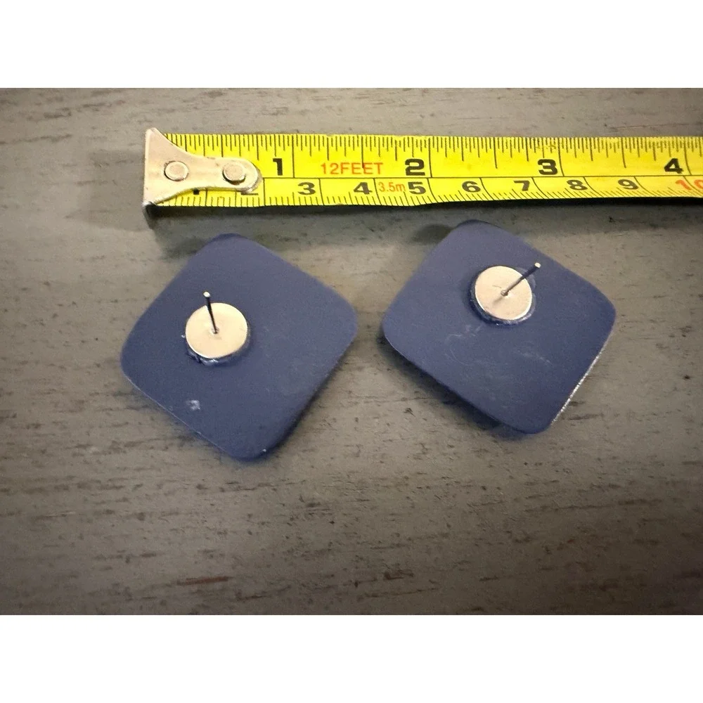 Vintage Hand Painted Floral Stud Earrings Navy Blue White Square Folk Art Retro